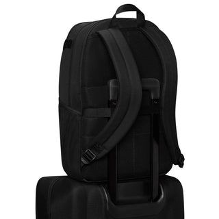 Black medium backpack back with top handle, padded straps, and side zip compartment