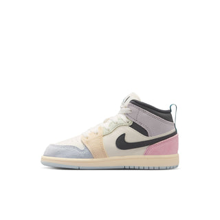 Kids Air Jordan 1 mid-top sneakers, white and lavender panels with black swoosh.