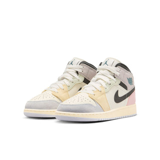Air Jordan 1 Mid youth sneakers, off-white with black swoosh and pastel accents