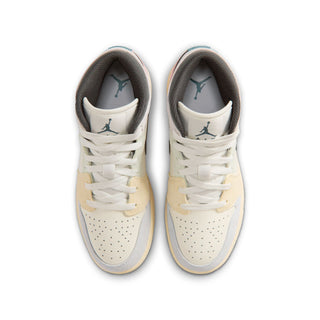 Air Jordan 1 Mid youth sneakers top view, off-white uppers with lace and perforations