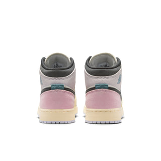 Air Jordan 1 Mid youth sneakers heel view, teal lining with pink panel and dark collar