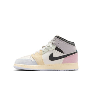Air Jordan 1 Mid youth sneakers side profile, gray panels, black swoosh, pink heel