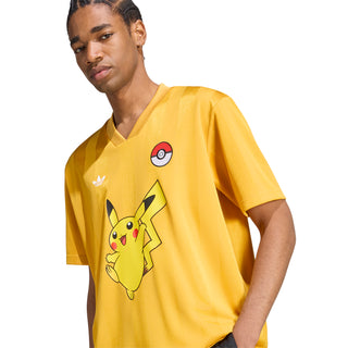 Yellow men's Pikachu graphic T-shirt with V-neck collar and Pokeball patch