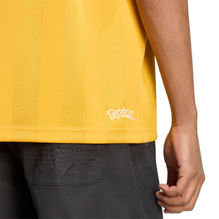 Men's yellow Pikachu tee with small Pokémon logo near the hem