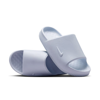 Women’s light gray slide sandals with open toe and dark interior footbed