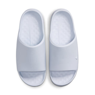 Pair of women’s light gray slide sandals, front view with open toe