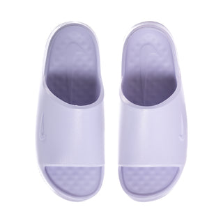 Pair of women’s slide sandals in pale purple shimmer, open toe and curved strap