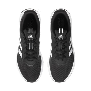 Men's black adidas running shoes, lace-up with white three-bar stripes on upper