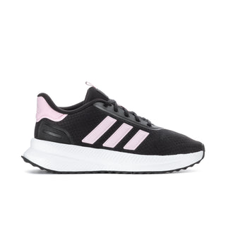 Women's black knit sneakers with pink accents, white adidas stripes, lace-up front