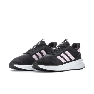 Pair of women's black adidas sneakers with pink-and-white stripes, chunky white sole