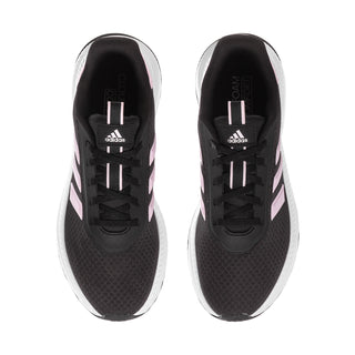 Women's adidas sneakers with black lining, lace-up closure, pink-and-white stripe detail