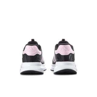Women's adidas sneakers rear view with pink heel patch and white midsole, lace closure