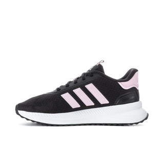 Women's black low-top sneakers with pink heel trim, white adidas stripes, lace-up