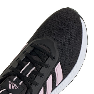 Black knit sneaker upper with adidas logo on tongue, pink-and-white stripes, lace-up