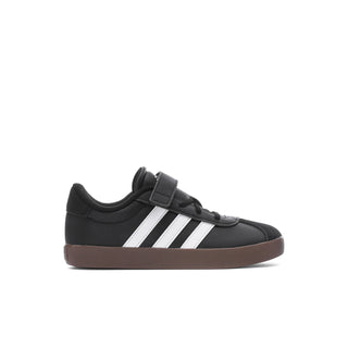 Kids black sneakers with white triple stripes, hook-and-loop strap, brown outsole
