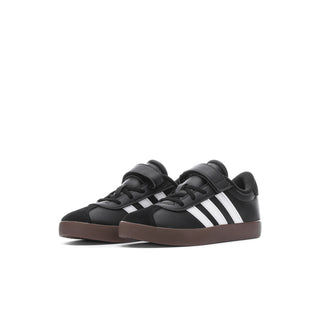 Kids black sneakers with white triple side stripes and brown rubber outsole