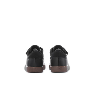 Kids black sneakers from heel view with brown outsole and padded collar