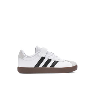 Kids white court sneakers with black stripes and hook-and-loop strap, gum sole