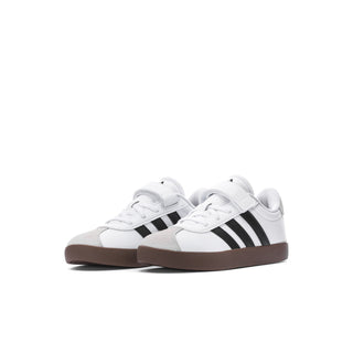 Kids white court sneakers with black triple stripes and gum rubber sole
