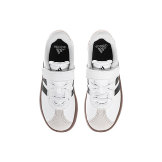 Kids white court sneakers with black side stripes, lace-up and padded collar