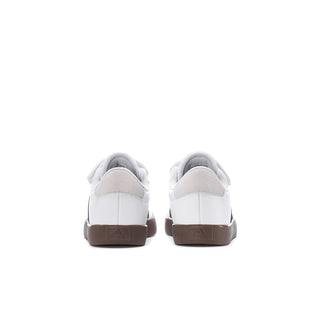 Kids white sneakers with black stripes and gum heel panel, rear view