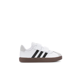 Toddler white sneakers with black 3-Stripes and two hook-and-loop straps, gum sole.