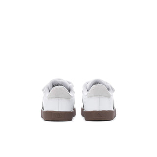Toddler white sneakers with rear pull tab and brown rubber outsole.