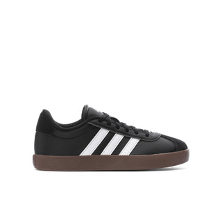 Youth black court sneaker with white stripes and gum-brown sole