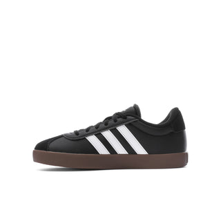 Youth black court sneaker, white stripes, lace-up, gum-brown sole