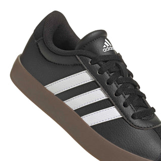 Youth black adidas sneaker upper with white stripes and lace detail