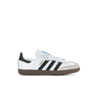 Kids' white adidas Samba low-top with black three stripes and brown gum sole