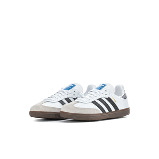 Kids' adidas Samba sneakers pair in white with black stripes and gum soles