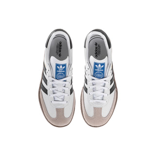 Kids' white and black adidas Samba sneakers with gum outsole and lace-up front