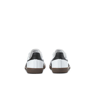 Kids' adidas Samba sneakers back view with white uppers and gum heel tabs
