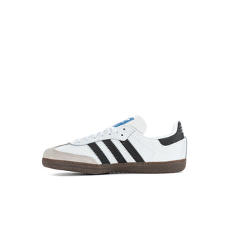 Kids' white adidas Samba sneakers with black stripes and brown gum sole