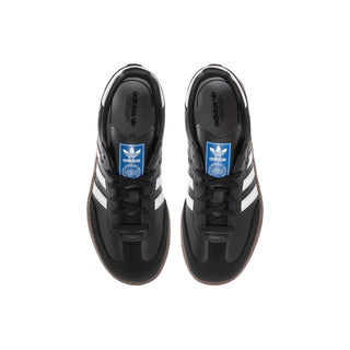 Kids black Samba OG sneakers front view, white stripes, lace-up
