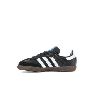 Kids black Samba OG sneakers side profile, white stripes and gum sole