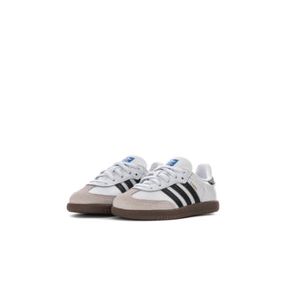 Toddler low-top sneakers, white upper with black stripes and gum rubber sole