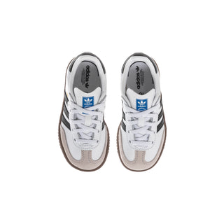 Kids' white-and-black toddler sneakers with gum sole and Adidas stripes
