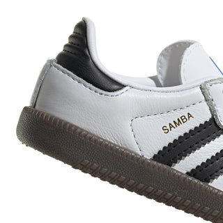 Toddler white sneaker with black stripes, 'Samba' detail, and cushioned collar