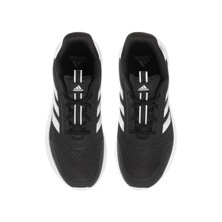Black adidas youth sneakers front view with white stripes and lace-up design