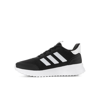Black adidas youth running shoes with white 3-Stripes and cushioned white sole