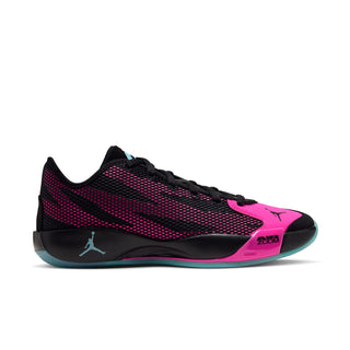 Men's basketball sneakers, black mesh with magenta accents and teal outsole