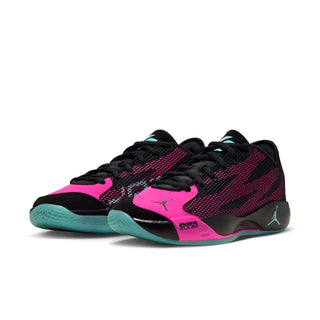 Men's basketball sneakers, black knit upper with magenta panels and teal sole