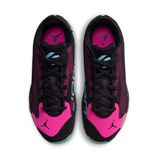 Pair of men's basketball sneakers, pink toe, black laces, teal lining accents