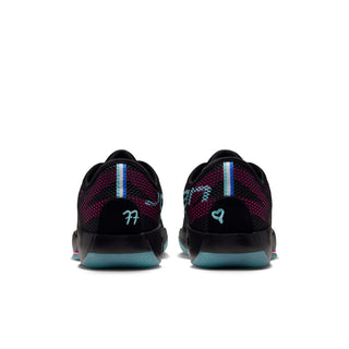 Men's basketball sneakers, rear view with black heel and magenta/teal detailing
