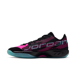 Men's basketball sneakers, black with magenta-blue knit pattern and teal sole