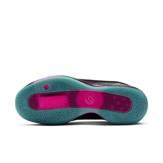 Men's basketball sneakers, outsole view with teal tread and pink forefoot