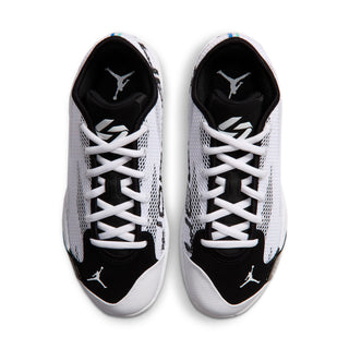 Pair of white and black lace-up basketball shoes with mesh upper and Jumpman on toe