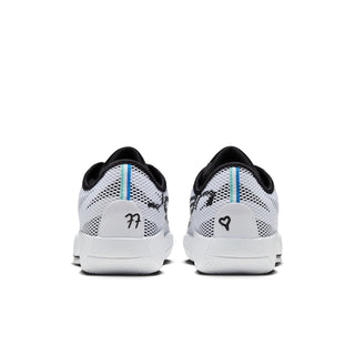 White and black basketball shoes from the heel with “77” patch and breathable mesh